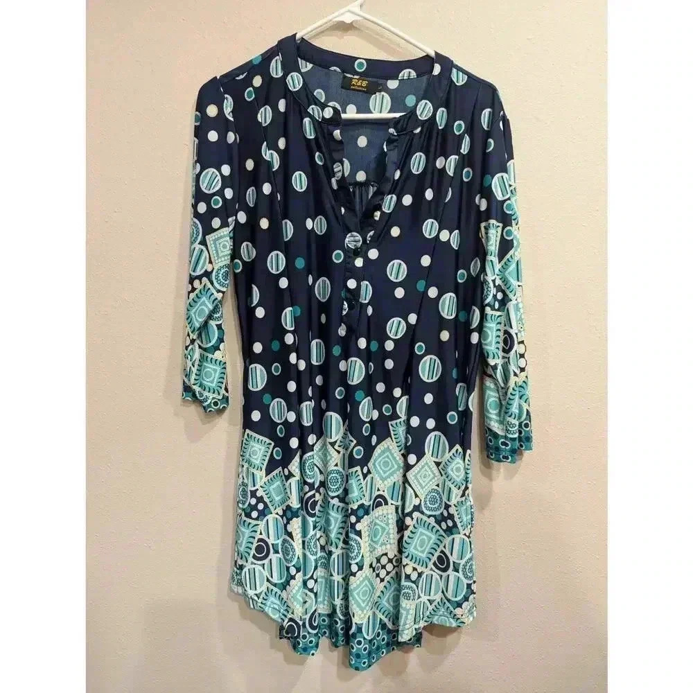 R & B Collection geometric graphic design dress w/Hinley neckline size L